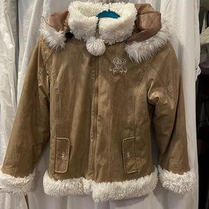 Tan leather-like womens jacket with plushy teddy lining and removable hood. Sz 6